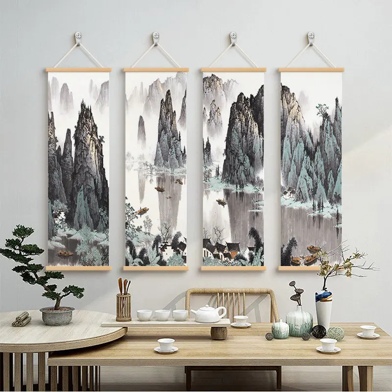 Wall Art Mountain Panorama Screen Design Chinoiserie Pearlescent Canvas Hanging Scroll with Wooden Rods for Living Room Study