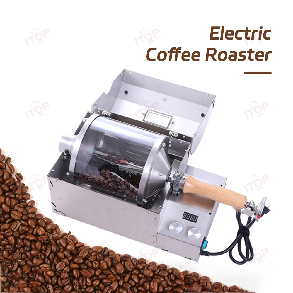 ITOP Electric Coffee Roaster Coffee Bean Roasting Machine Capacity 400g Glass Heating Hopper 12-20mins Baking 100-300°C 0-66RPM