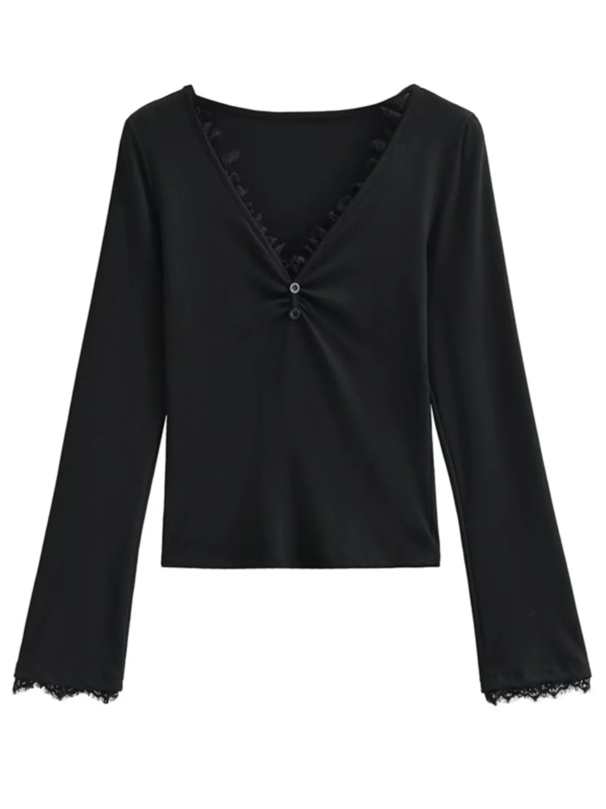 Cseta Fena de Manga Longa com Decote em V e Detalhes em Renda, Estilo Slim Fit para Outono e Inverno, Moda de Rua Pure...