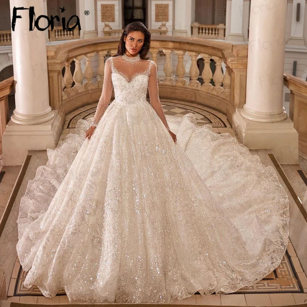 

Charming Princess Wedding Dress Sheer Neck Long Sleeve Ivory Bridal Gowns Chapel Train Plus Size Custom Made Dubai Design 2024