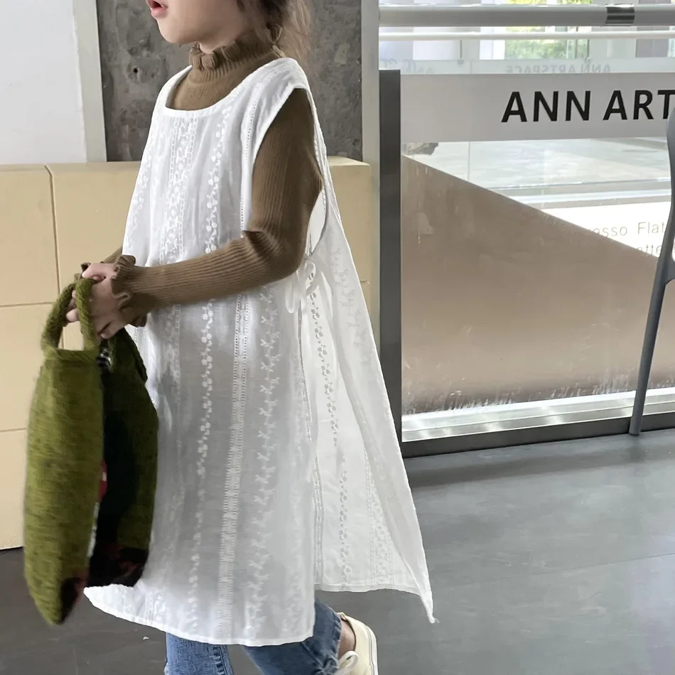 Children Loose Design Hook Flower Lace Dress Girls Korean Style Sundress Long Casual Simple Princess Sweet Cute Dress