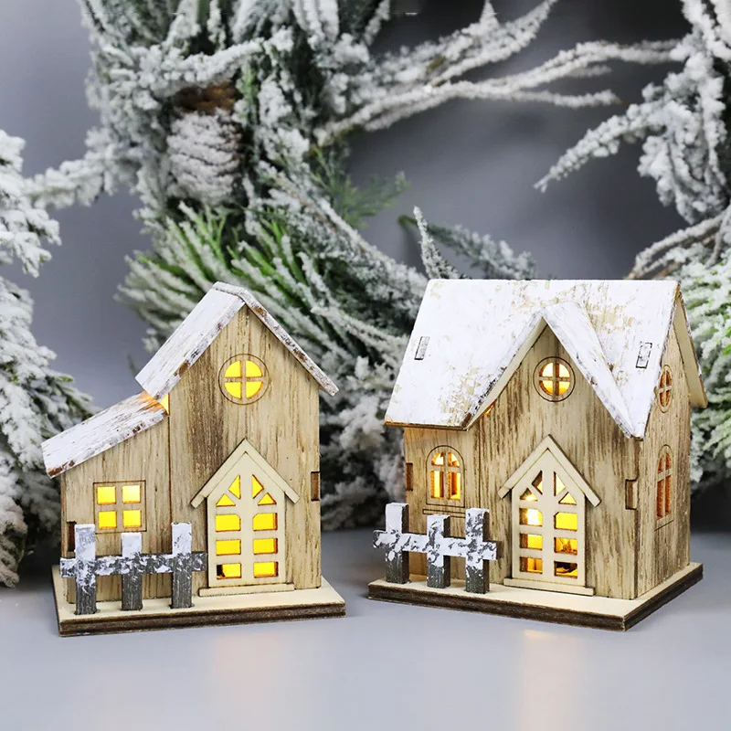 Luminous Wooden House Ornaments, Christmas Decorations, Luminated LED Wooden Christmas Houses Christmas Tabletop Decorations