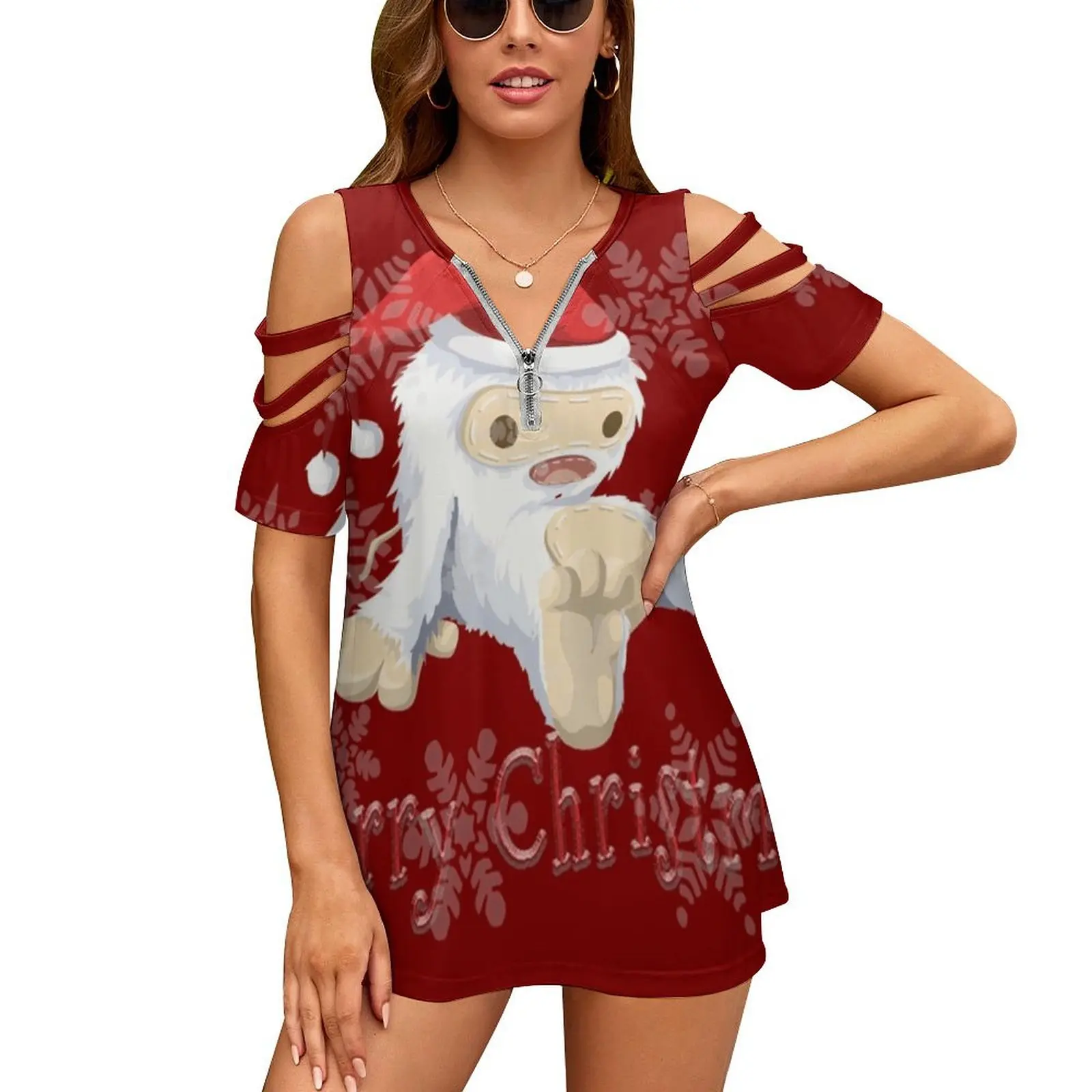 Merry Christmas Women's T-Shirt New Fashion Printed Zipper V-Neck Short Sleeve T Shirts Casual Plus Size Merry Christmas Snow
