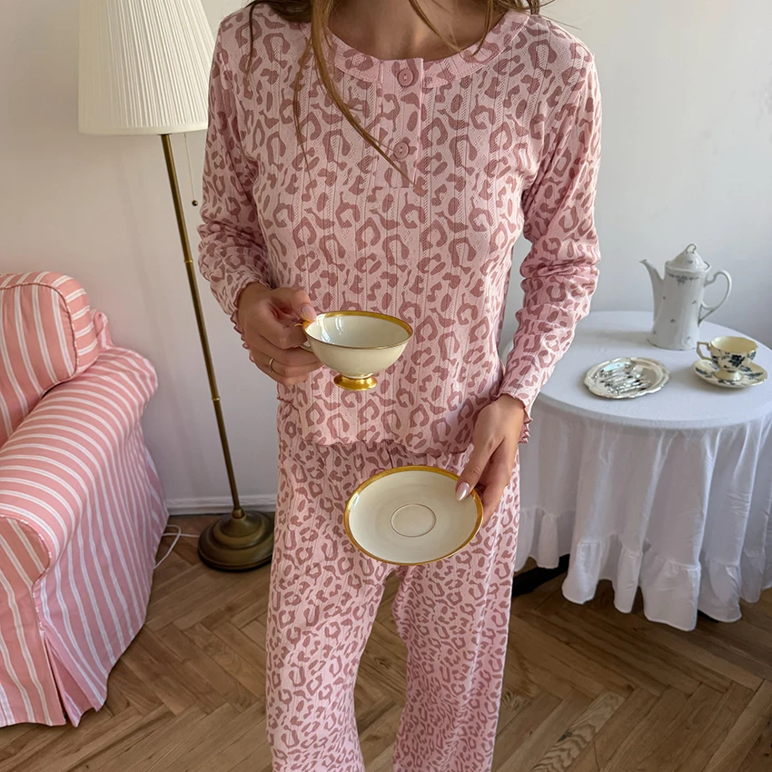 HiLoc Pink Sweet Knit Elastic Women Pajamas 2-Piece Long Sleeve Round Neck Button Top Elastic Waist Full Length Pants 2026 Fall