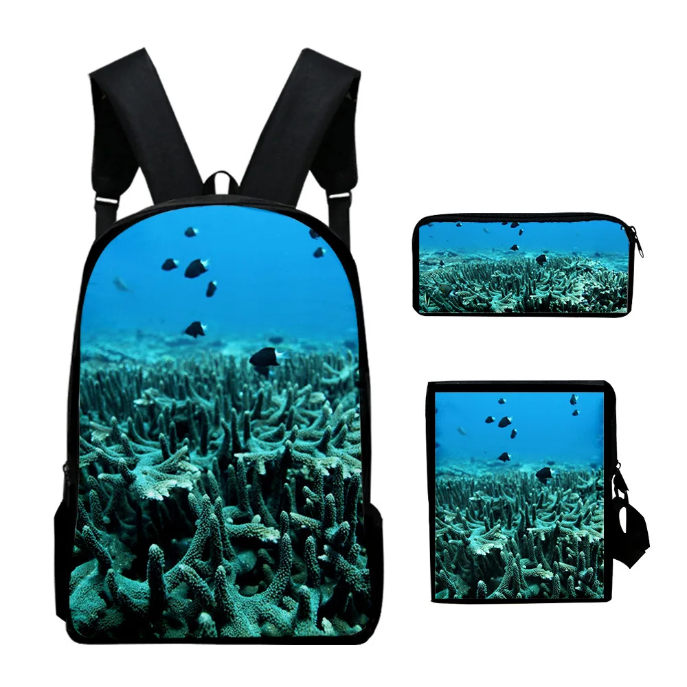 Trendy Undersea Scenery Coral 3D Print 3pcs/Set pupil School Bags Laptop Daypack Backpack Inclined shoulder bag Pencil Case