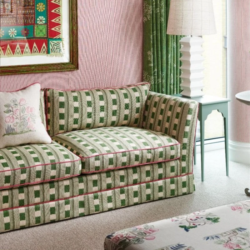 كرسي غرفة المعيشة الفرنسي القديم ذو الظهر العالي، أريكة قماشية أمريكية من القرون الوسطى باللون الأخضر منقوشة بصف مستقيم #6