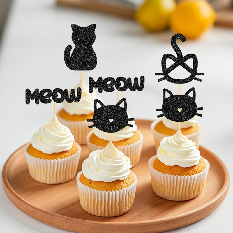 NUBECOM 24 Stück Cupcake-Topper für Katzen, glitzernde Cupcake-Picks für Katzen, Kuchendeckel für Kätzchen, Haustier, Katzen, Geburtstagskuchen-Dekoration – Detail 10