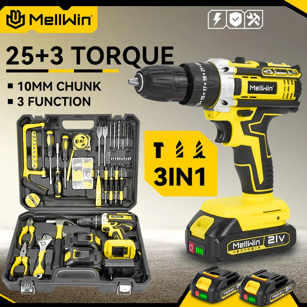 MELLWIN 25+3 Drehmoment-Akku-Schlagbohrschrauber, Elektroschrauber, Mehrzweck-Elektrowerkzeug-Set für Makita 18V Akku
