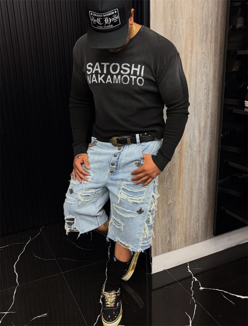 New SN Letter Printed Washed Vintage Street Casual Loose Waffle Long Sleeve Cotton Versatile Round Neck Oversize Trendy T-shirt