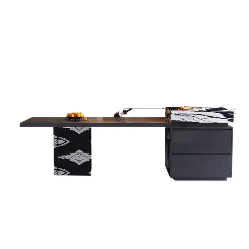 

Minimalist rock slab island dining table integrated household multi functional small apartment light luxury retractable island