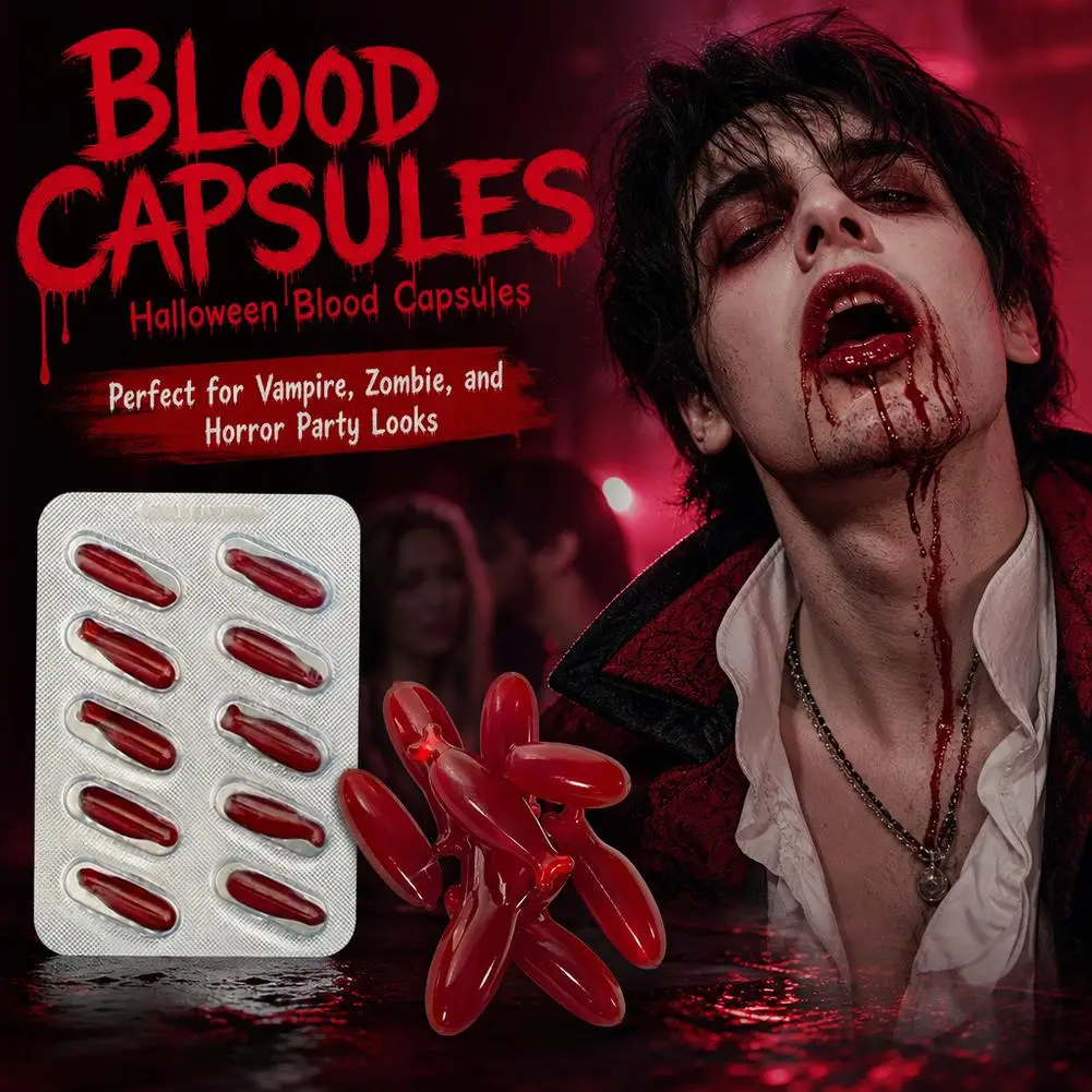 10Pcs Fake Blood Capsules Halloween Vampire Horror Cosplay Stage Makeup Props Washable Realistic Artificial Blood Capsule