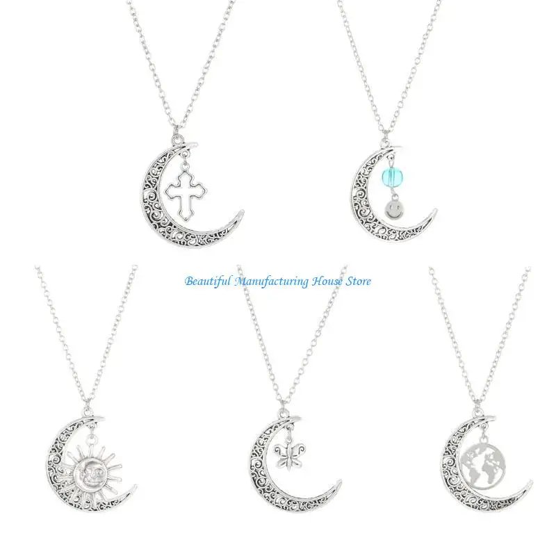 E56A Retro Metal Luna cruzada mariposa clavícula cadena boda fiesta regalo cumpleaños