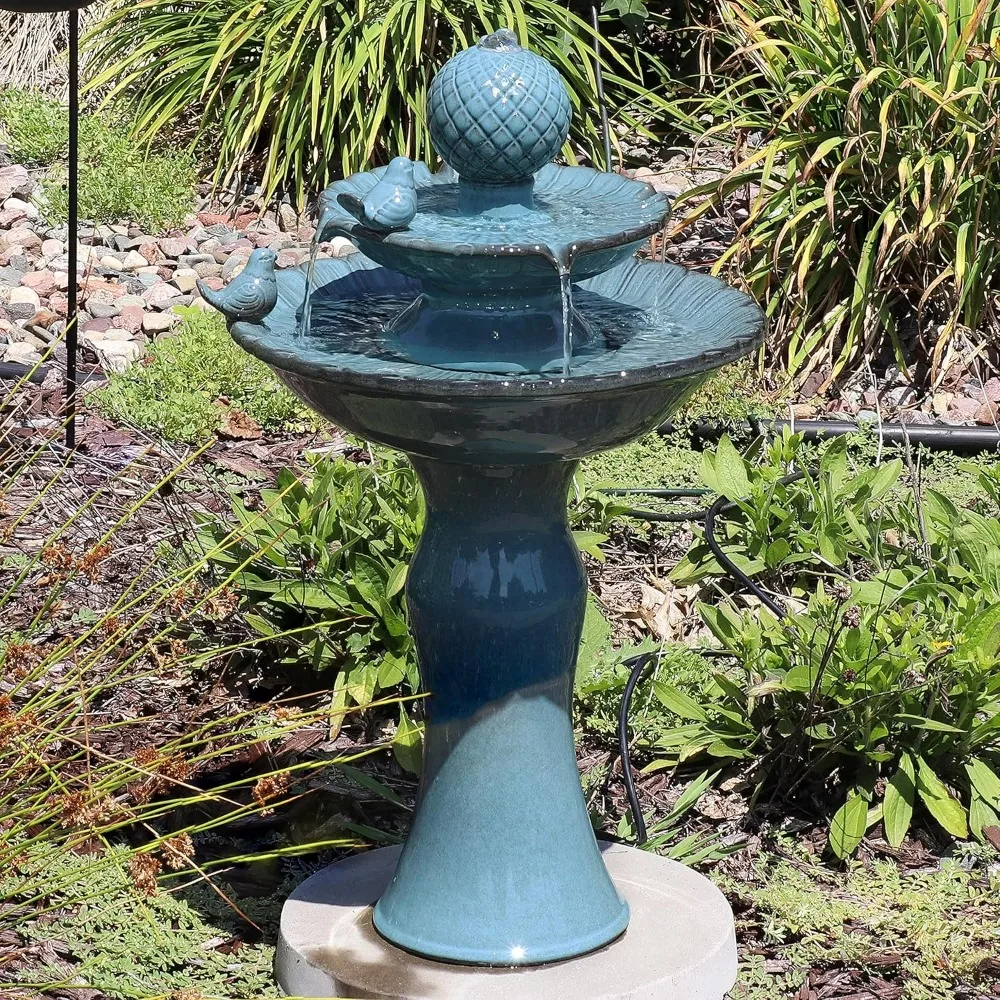 

27-Inch Ceramic Outdoor Water Fountain - 2 Tiers - Electric Submersible Pump With Adjustable Flow，outdoor Fountain