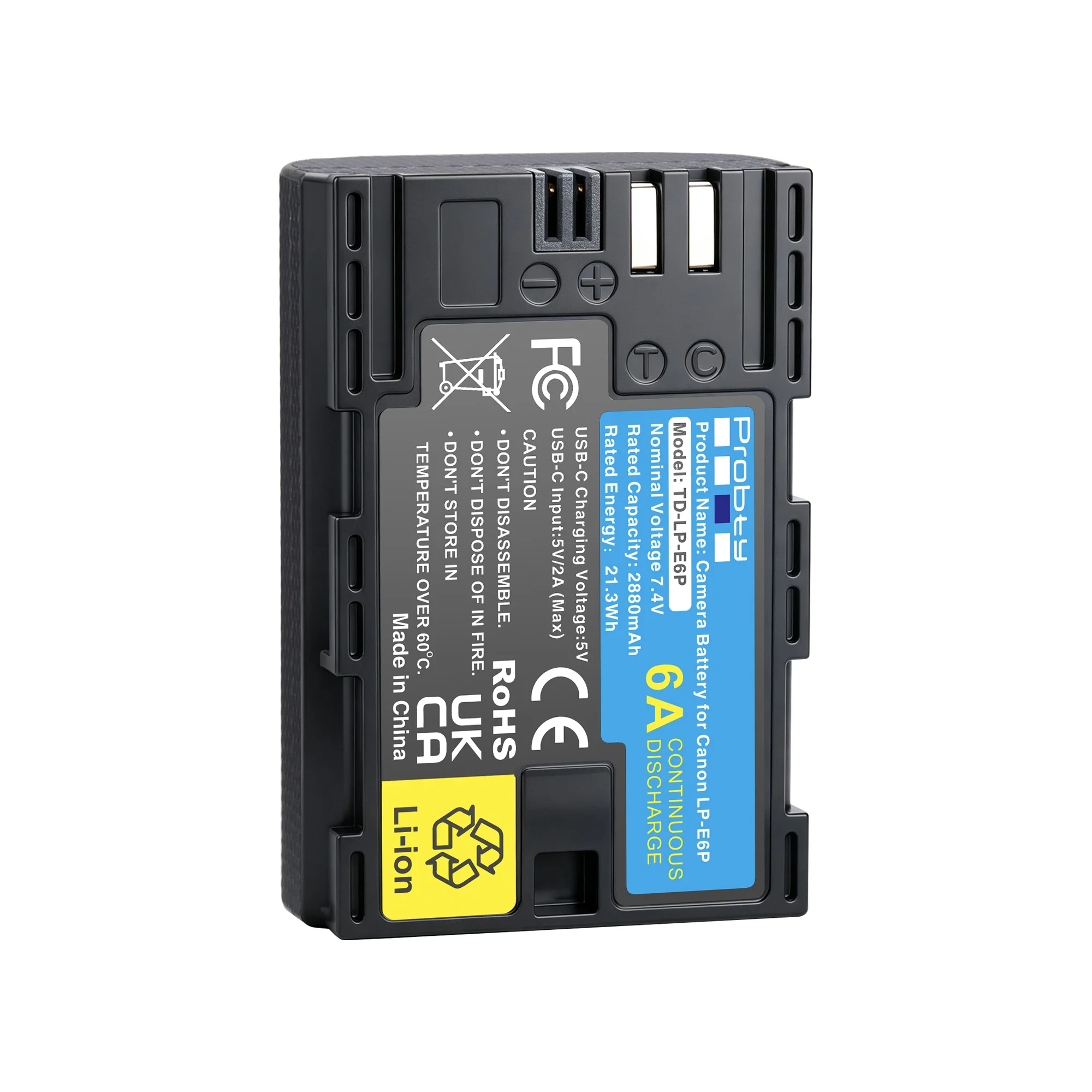 LP-E6P Battery 2880mAh USB-C Battery for Canon EOS R6V,R6 Mark III/II, R5 Mark II,C50,R5,R6,R7,5D Mark II,5D Mark IV,60D,70D,80D