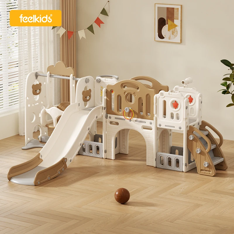 منزلق أمان على شكل دب كرتوني من Feelkids، مسرح داخلي كبير للأطفال، لعبة بلاستيكية للأطفال، أرجوحة وشريحة للأطفال