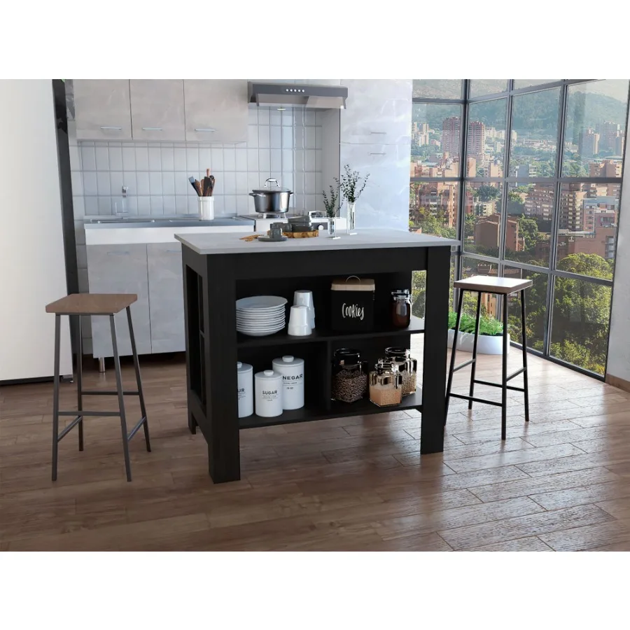 

DEPOT ESHOP Delos Kitchen Island Четыре ножки Три полки Черный мрамор Ibiza