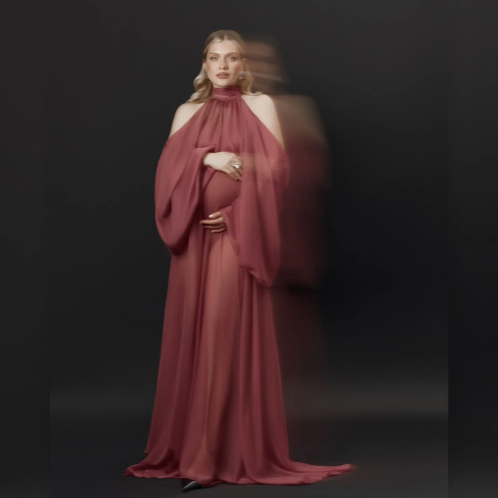 

Deep Burgundy Maternity Evening Dress, High Neck Halter Long Gown with Exaggerated Lantern Sleeves, Floor-Length Chiffon Bodycon