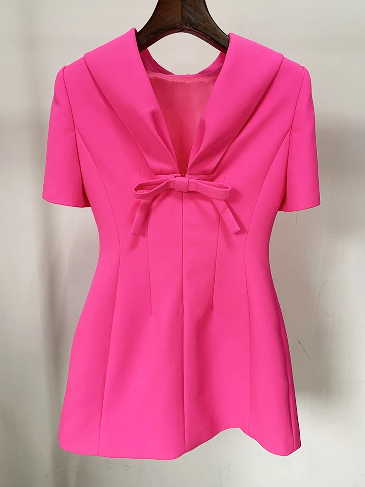 HIGH STREET Newest Fashion 2024 Designer Women's  Elegant Short Sleeve Back V Bow Dress Hot Pink