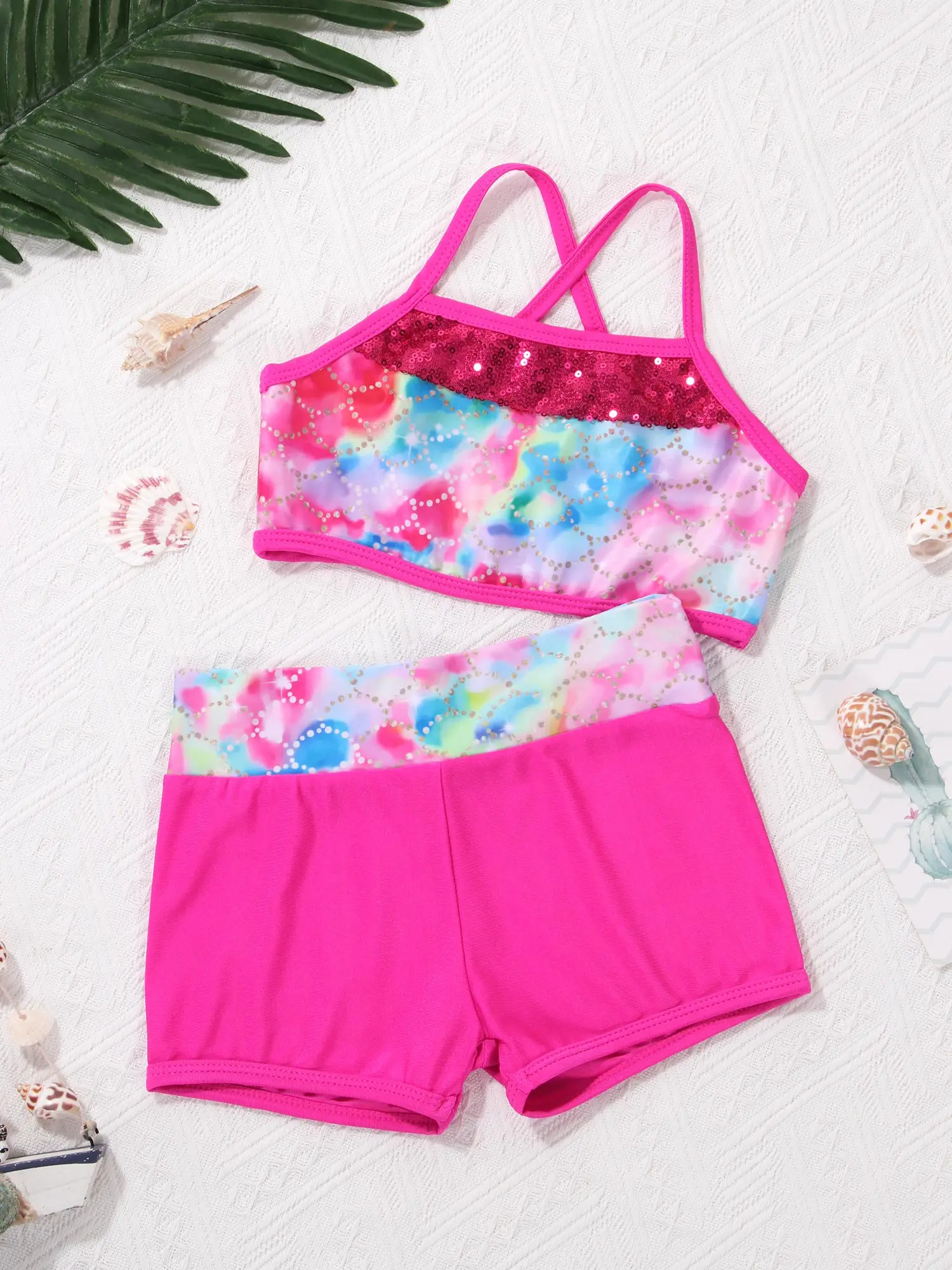 Kids Meisjes Cartoon Print Ritmische Gymnastiek Crop Top Shorts Set Pailletten Mermaid Weegschalen Praktijk Ballet Klasse Dancewear Outfit