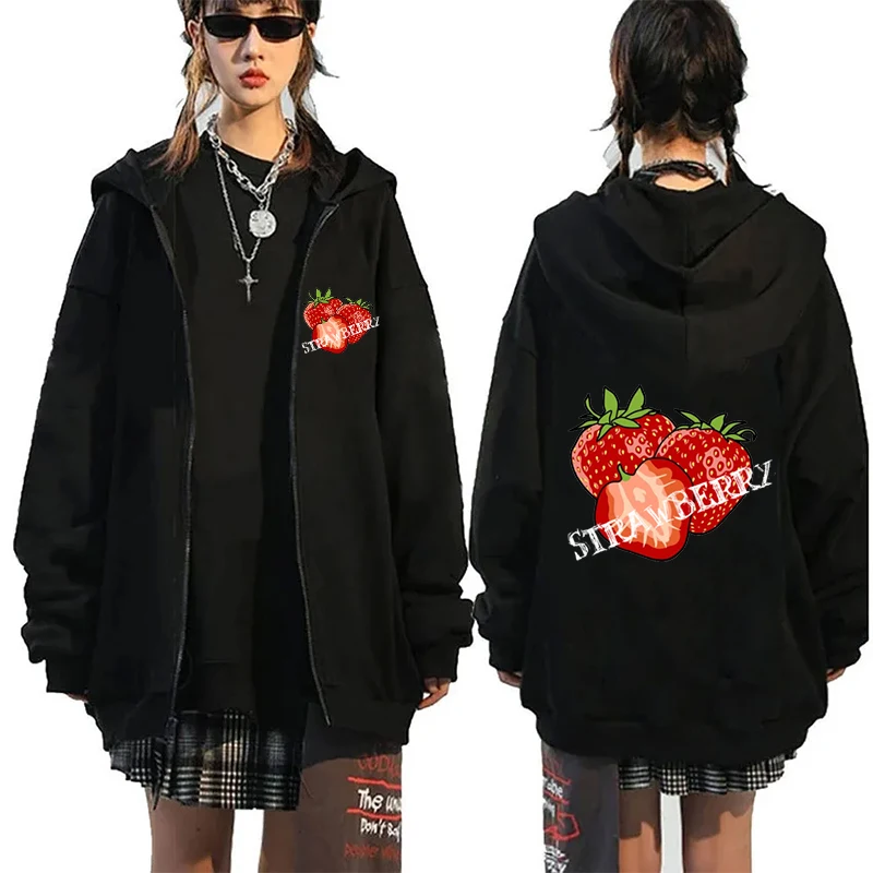 

Fashion Cute Strawberry Graphic Women Hoodie Zip up Hoodie Casual Sweatshirt Hip Hop E-Girl Jacket Punk Streetwear Autumn Winter