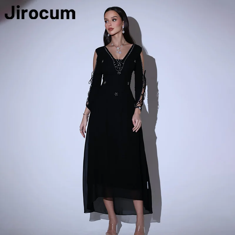 Jirocum Sexy A-Line Prom Dresses Women's Black V Neck Beaded Chiffon Evening Gown Ankle Length Special Occasion Gowns customized