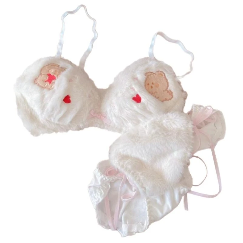 Women's Anime Bear Plush Lingerie Set - Tie Side Panties And Plush Bra Furry Underwear for Adults, Give a gift to  girl