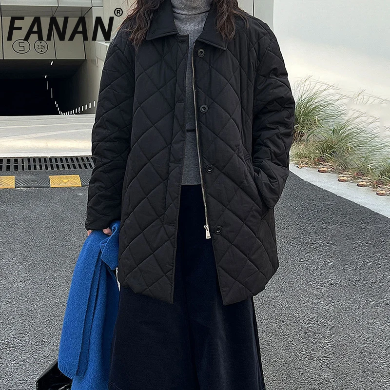 

FANAN Minimalism Black Cotton Coats For Women Lapel Single Breasted Office Lady Mid-length Thick Warm Outwear Female Winter New