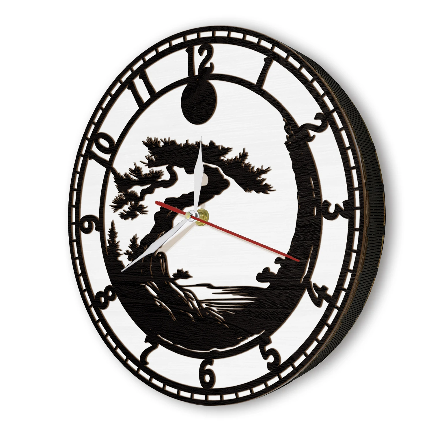 Japen Pine Tree Landscape Glowing LED Wall Clock Oriental Nature Home Decor Asian Mountain Sunset Silhouette Wooden Wall Clock