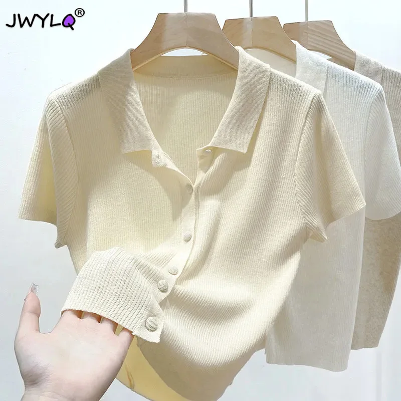 Korean Fashion 3 Colors Short-sleeve Shirts Women Leisure Summer Basic Solid Elegant Streetwear Daily All-match Simple Knit Tops