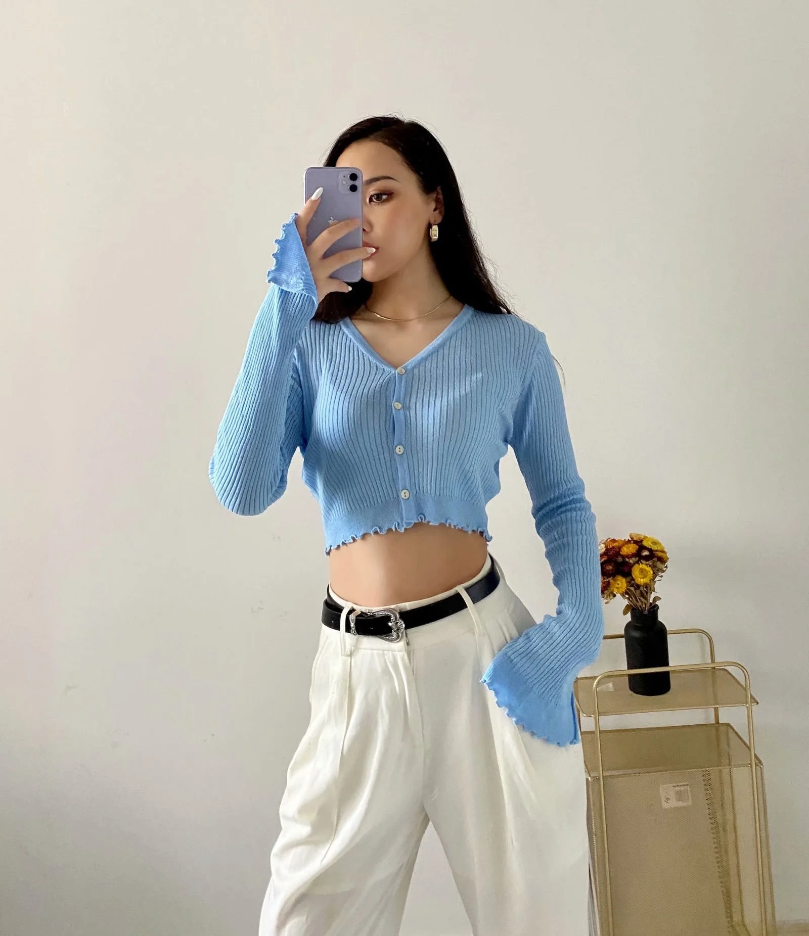 ハイウエストオートップ女性夏 2020 新ピュアカラーロング Sve V-ネパープルオープンカーディガン薄い空調 irt