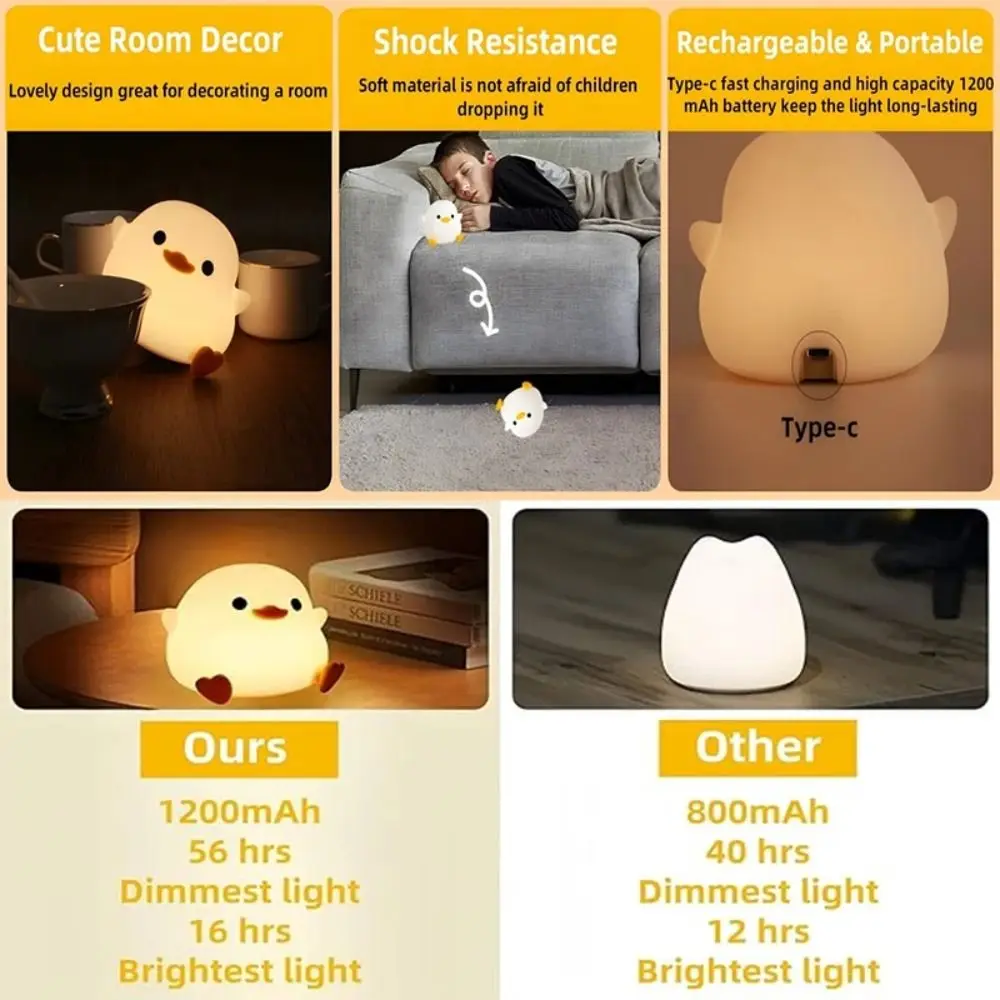 

LED Duck Pat Night Light Night Lamp Touch Sensor LED Duck Lamp Rechargeable Dimmable Indoor Sensor Lamp Child Holiday Gift