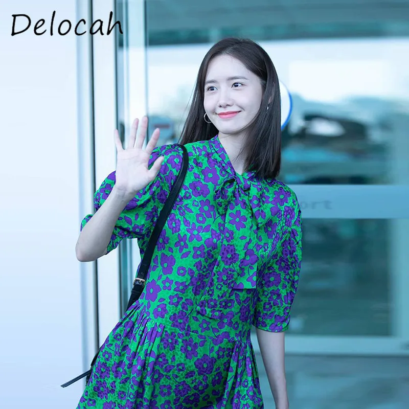 

Delocah Fashion High Quality Women's Scarf Collar Strap Bow Clover Printed Sashes Slimming Elegant Big Swing Short Sleeve Dress