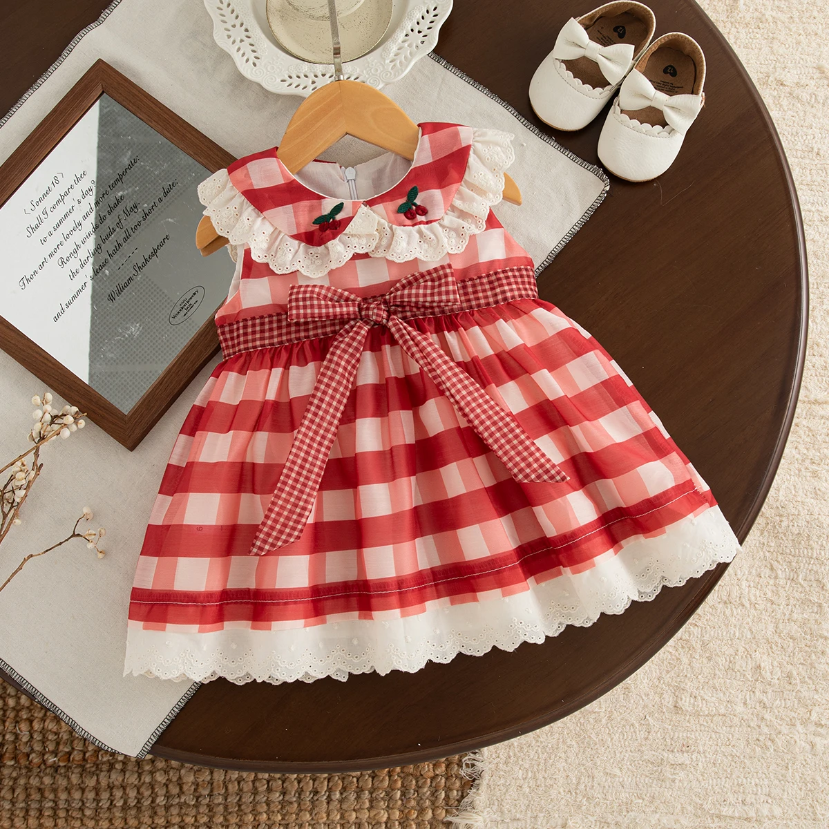 Mädchen Kleid Sommer Plaid Schleife Baumwolle Baby Mädchen Kleid Süße Kirsche Baby Kleid Baby Mädchen Kleidung