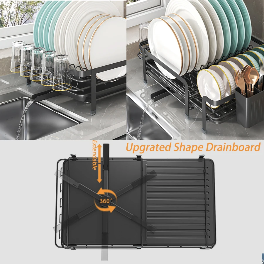 رف تجفيف الأطباق الكبير مع لوح تصريف، رف أطباق قابل للتوسيع لطاولة المطبخ، حامل أواني وخطافات أكواب، مقاوم للصدأ