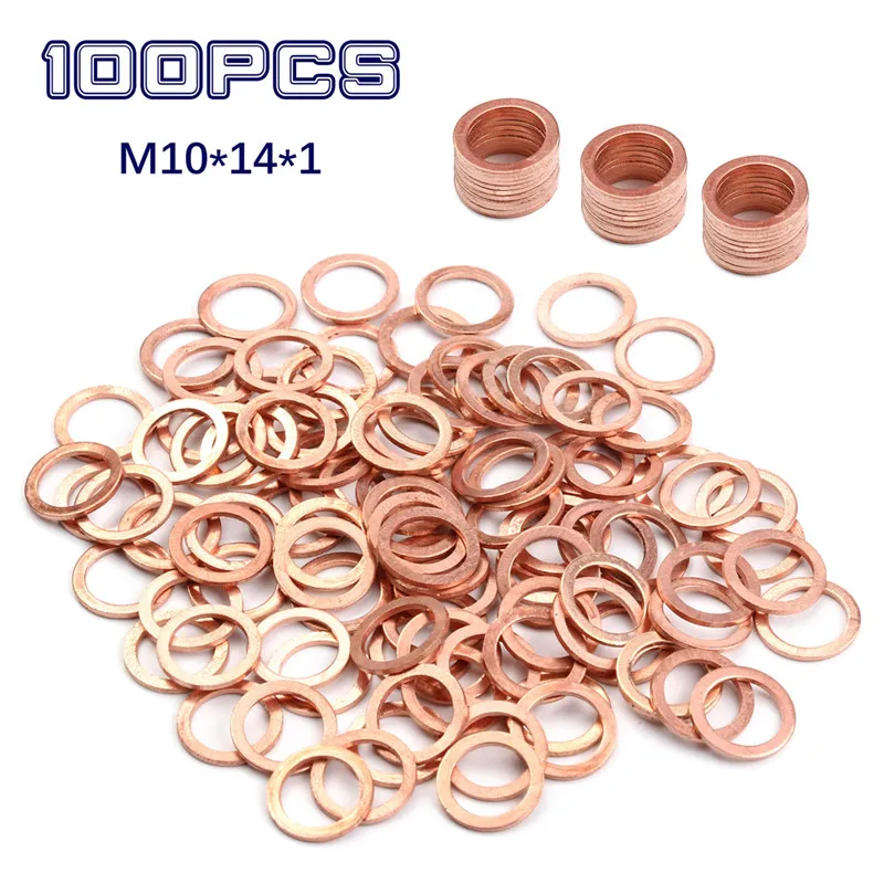 100/50pcs Solid Copper Washers Flat Ring Gasket Sump Plug Oil Seal Fittings Washers Fastener Hardware 10x14x1MM Mulit-Size