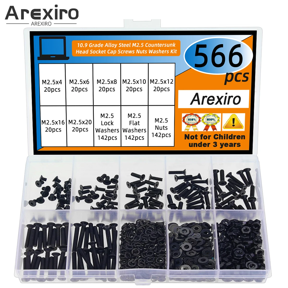 

566Pcs M2.5 x 4/6/8/10/12/16/20 mm Countersunk Socket Screw Nut Washer Combo Kit Grade 10.9 Alloy steel Fulteelly Threaded