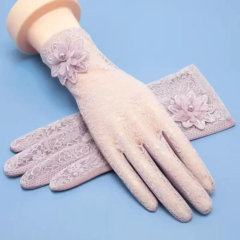 ผู้หญิงฤดูร้อนผ้าไหมน้ําแข็งลูกไม้ป้องกันรังสีอัลตราไวโอเลตบางไฟฟ้ารถขับรถ Anti-Skid Breathable Cool Sun Protection ถุงมือแฟชั่น