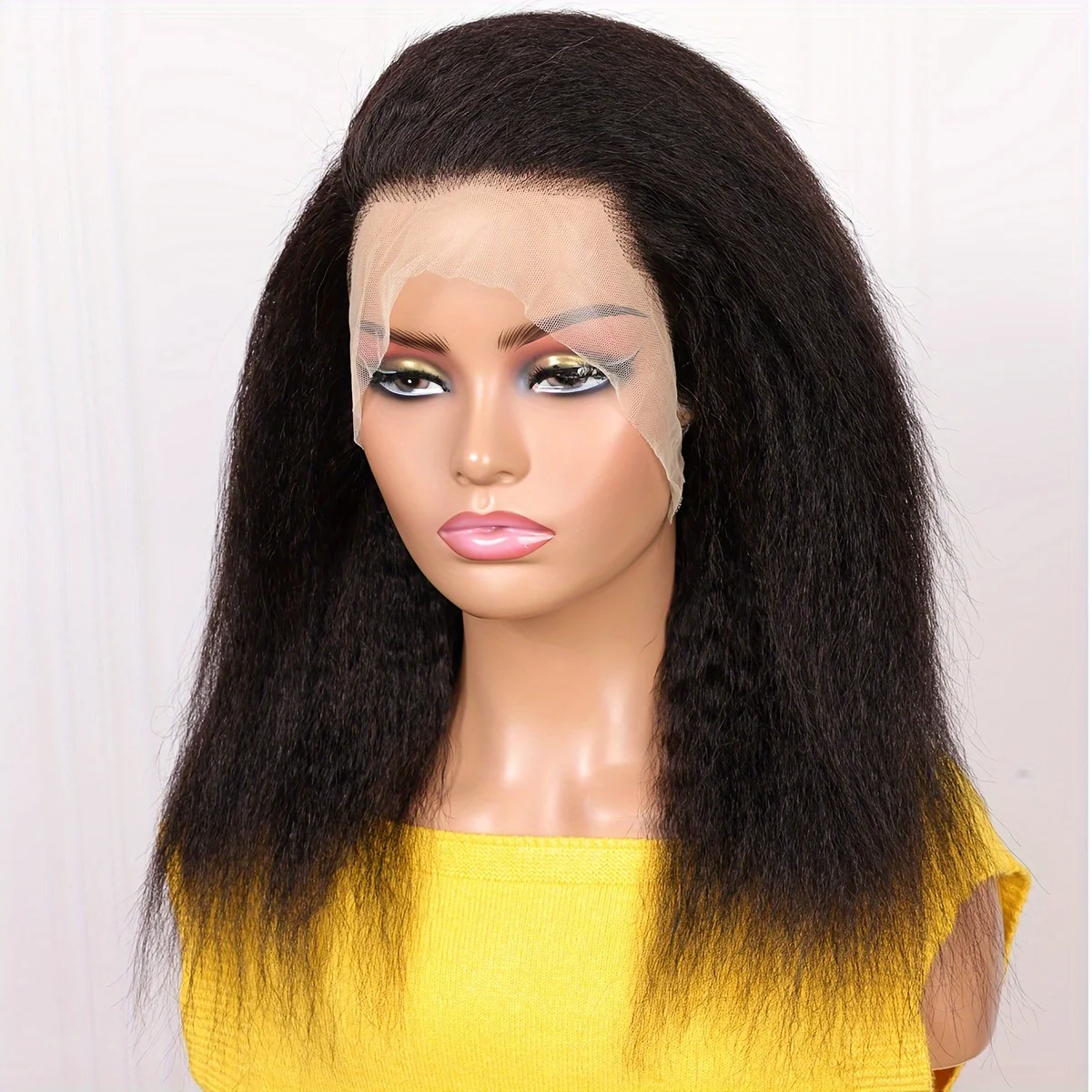 Natürliche schwarze, weiche, 16 Zoll lange, 180 % dichte, kurze, krause, glatte Lace-Front-Perücke, vorgezupfte, synthetische, klebefreie Perücke für Frauen, für den täglichen Gebrauch.