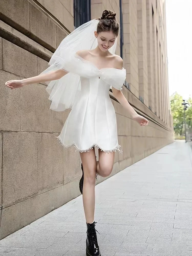 

Beach White 2 IN 1 Wedding Dresses Boho Sweetheart Robe De Mariee Short Bridal Gown with Long Detachable Skirt For Bride