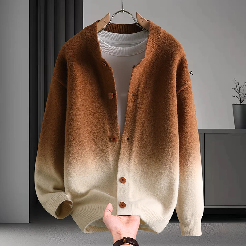 

Men's Loose Knitted Sweater Cardigan adient Color Casual Sle Polyester Fiber Long Sve Baseball Collar Ciwalk Suitable