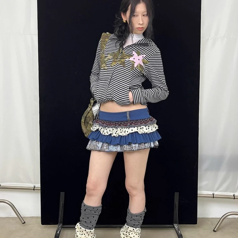 オリジナルデザイン ブルー パッチワーク 水玉模様 レディース プリーツスカート ニューヴィンテージ 可愛い ミニ丈 ケーキ風 ショートスカート