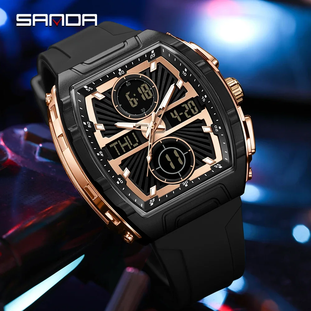 SANDA6231 Luxury Electronic Men's Watch Digital Fashion Trend Multi functional Clock Silicone Waterproof Weekly Date Men's Watch
