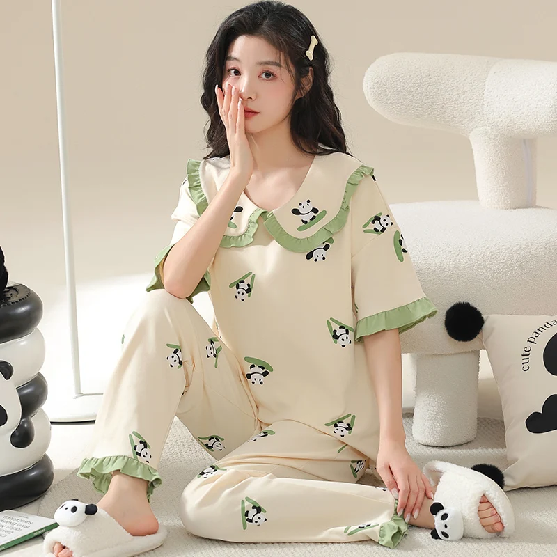 Summer fashion print pyjamas women big yards female cotton pajamas set short sleeve long pants casual tracksuit pijamas mujer