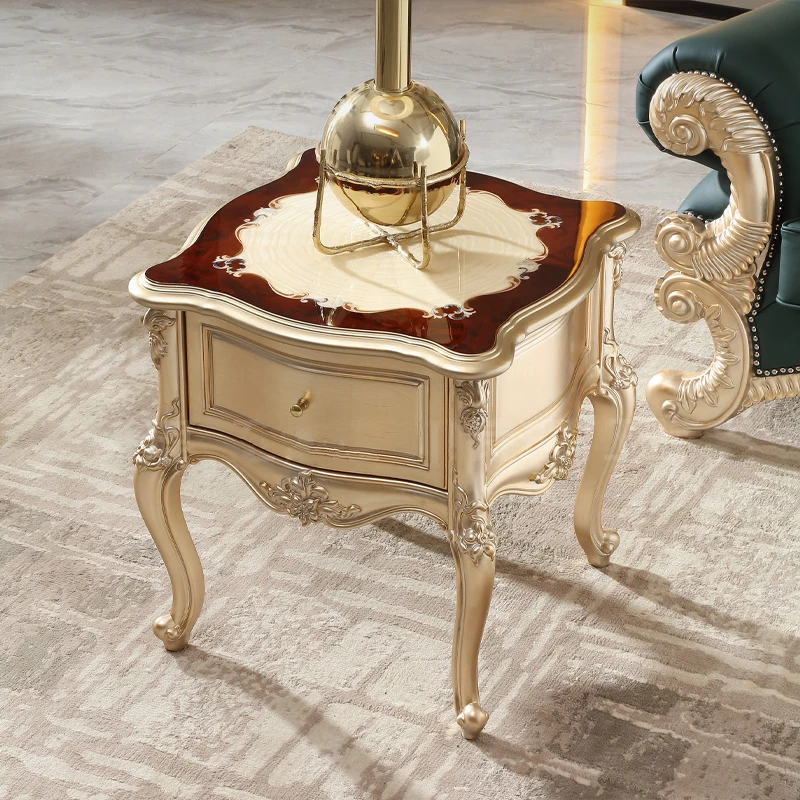！@French Style Solid Wood Luxury Sofa Side Table with Storage Handmade & Eco-Friendly for Living Room