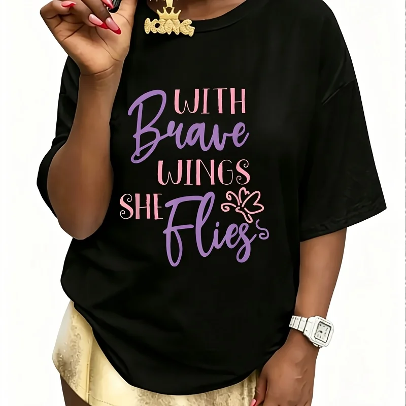 With Brave Wings She Flies Woman Quotes Inspirational Women's T-Shirt 100% Cotton Fun Print Short Sleeve Top Casual Round Neck Tee S-5Xl
