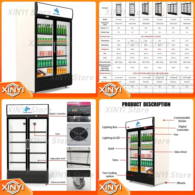 650L air-cooled double-door beverage display cabinet single-temperature glass door refrigerator, convenient for store use