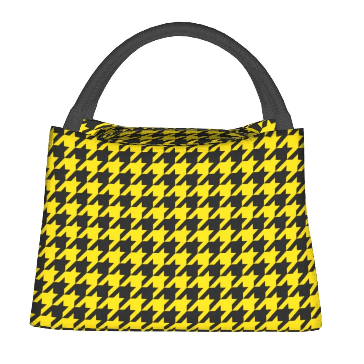 

Yellow Black Houndstooth Lunch Bag Vintage Print Portable Lunch Box Picnic Graphic Cooler Bag Kawaii Waterproof Lunch Bags