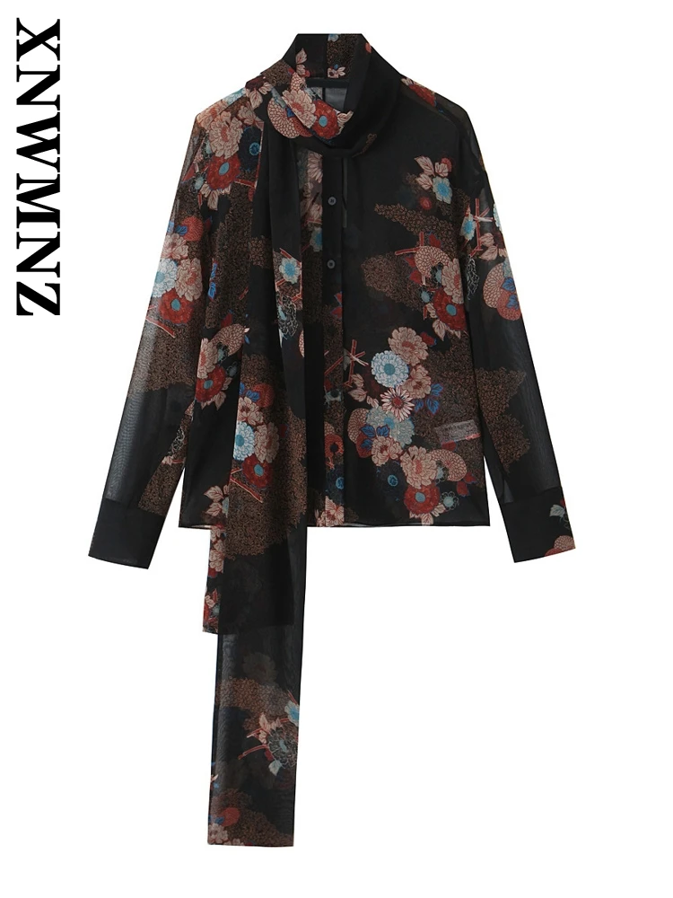 XNWMNZ 2024 New Autumn Woman Casual Scarf Collar Single-breasted Shirt Coat Female Fashion Long Sleeve Floral Print Ruffles Top