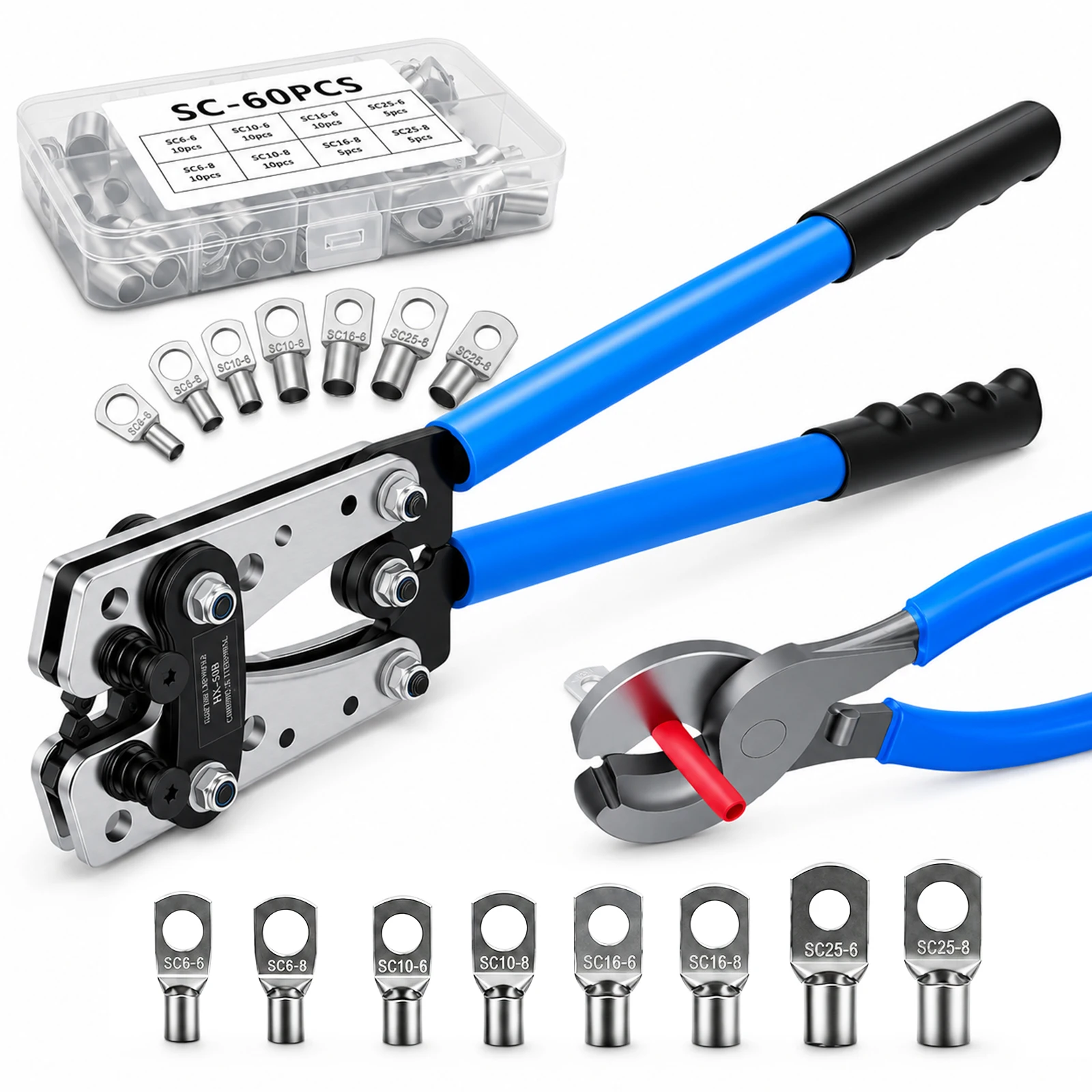 Kit di strumenti per la crimpatura di cavi a batteria ad alta resistenza, 60 terminali ad anello in rame con tagliacavi e tubo termorestringente per applicazioni elettriche automobilistiche