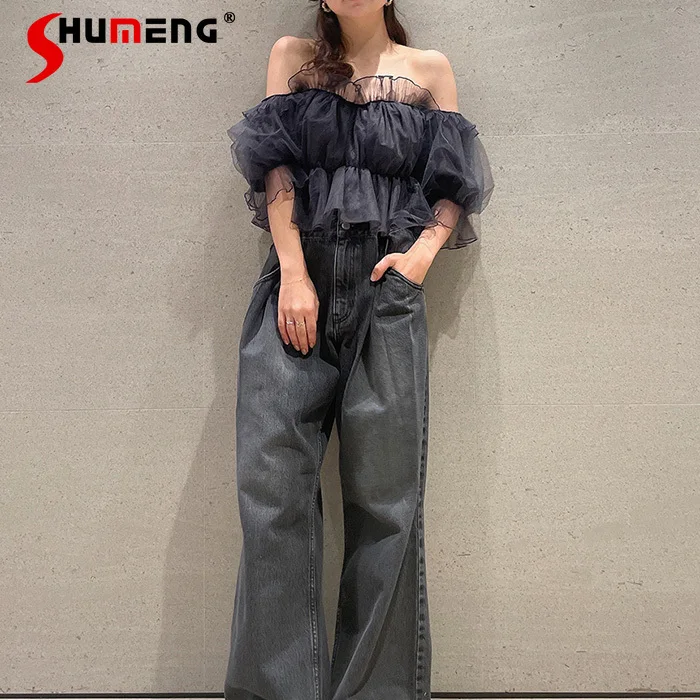 Sexy Top Off-the-Neck Ruffled Tulle Blouses for Women 2023 Spring and Summer New Elegant Off Shoulder Short Sleeve Shirt Female